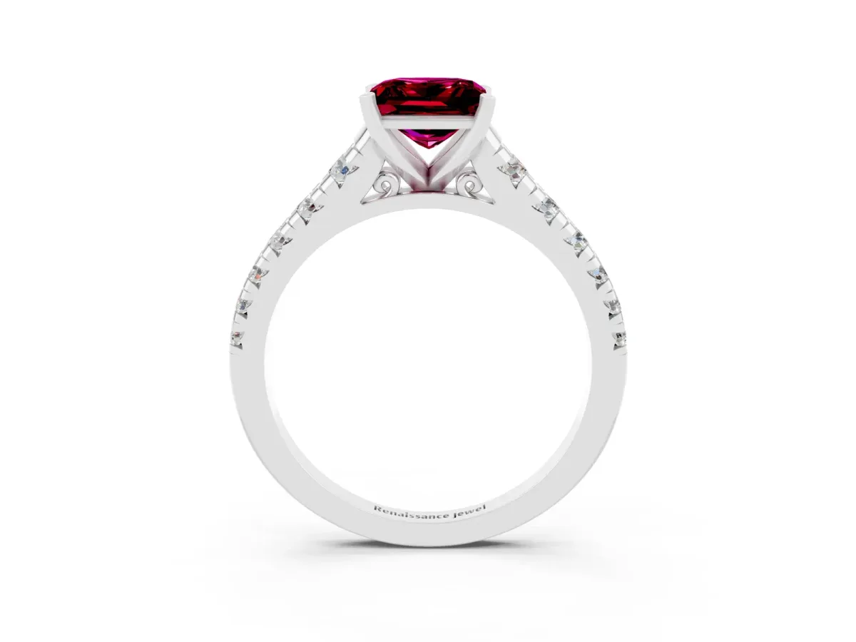 Princess Cut Garnet Cathedral Solitaire Ring with Round Pavé Band Platinum