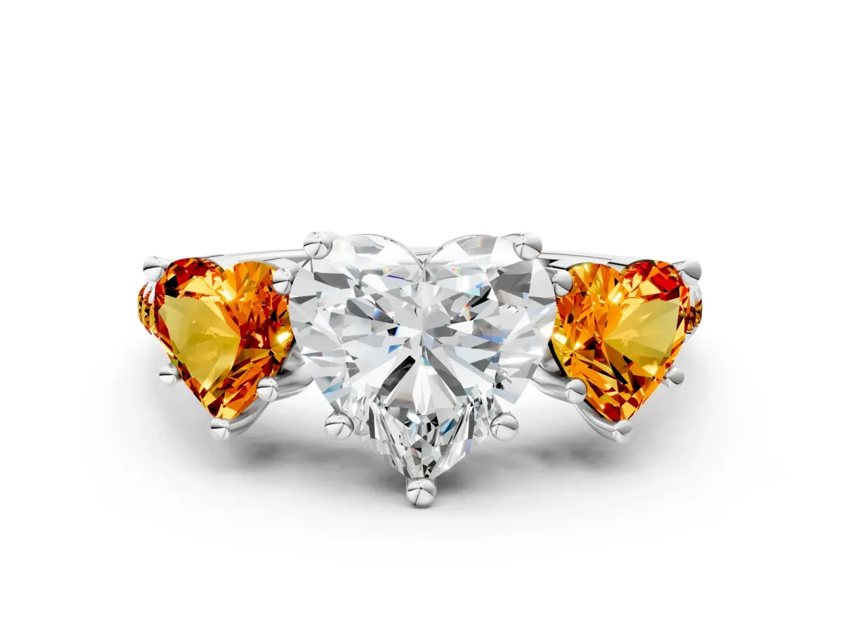 Three-Stone Heart Cut Diamond Ring with Round Citrine Pavé Band and Prong Setting White gold
