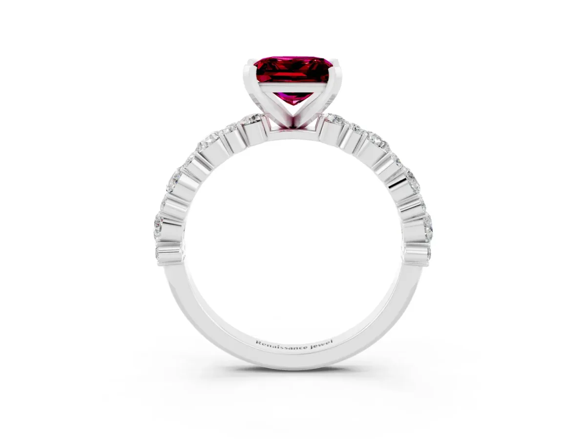 Princess Cut Garnet Side Stone Solitaire Ring with Round and Four-Prong Setting Platinum