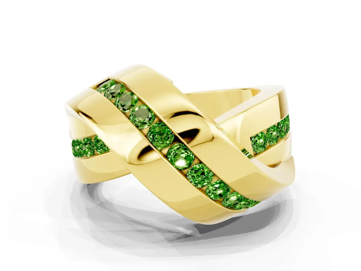 Pavé Round Peridot Crossover Band with Channel Setting Yellow gold