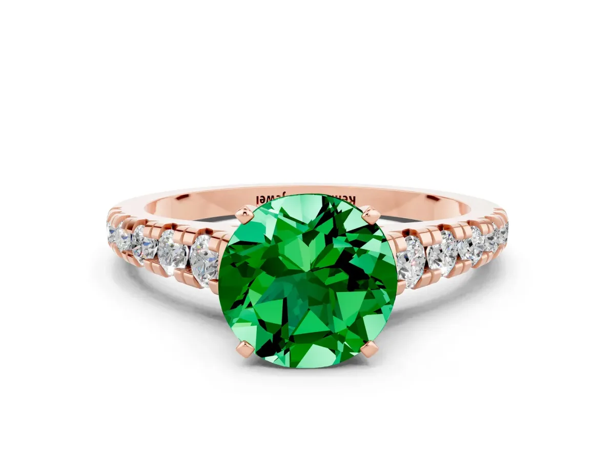 Round Cut Emerald Cathedral Solitaire Ring with Round Pavé Band Rose gold