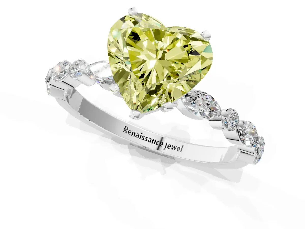 Fancy Yellow Heart Cut Diamond Ring with Marquise and Round Side Stones and Four-Prong Setting Silver