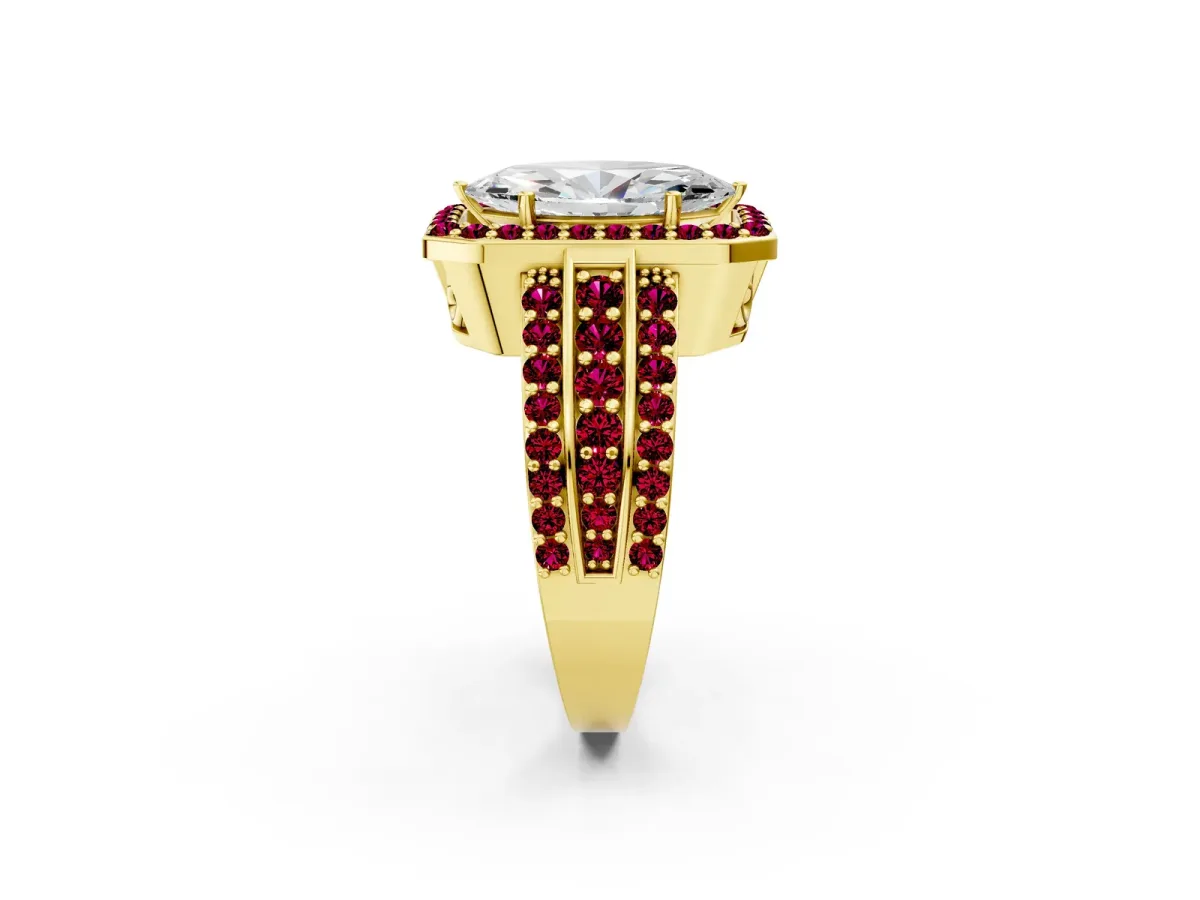 Marquise Cut Halo Diamond Ring with Round Garnet Split Shank and Prong Setting Yellow gold