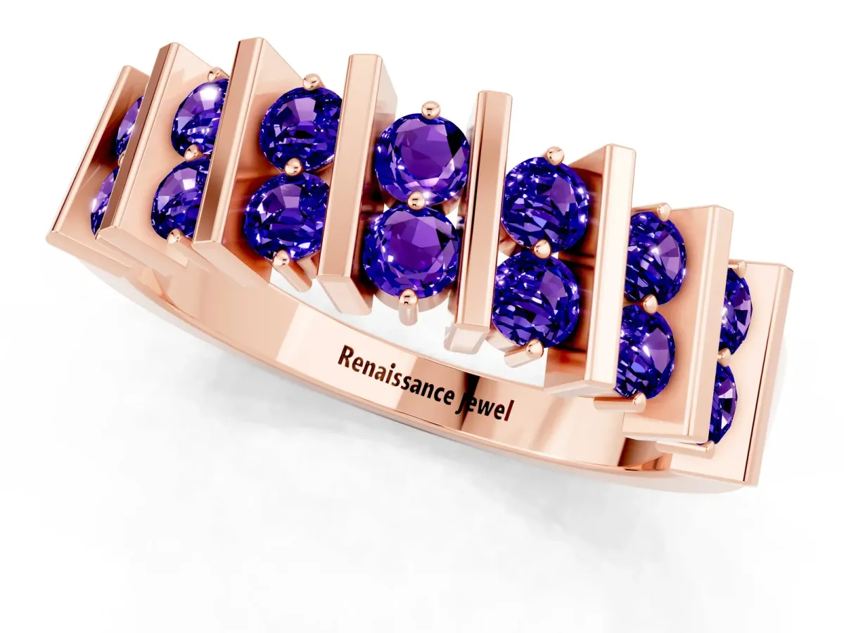 Channel Set Round Tanzanite Anniversary Band with Vertical Prongs Rose gold