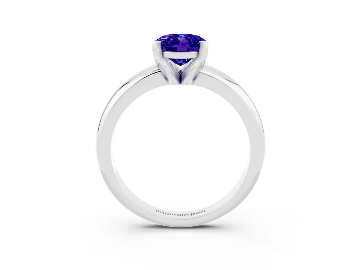 Oval Cut Tanzanite Solitaire Engagement Ring with Round Band and Four-Prong Setting Platinum