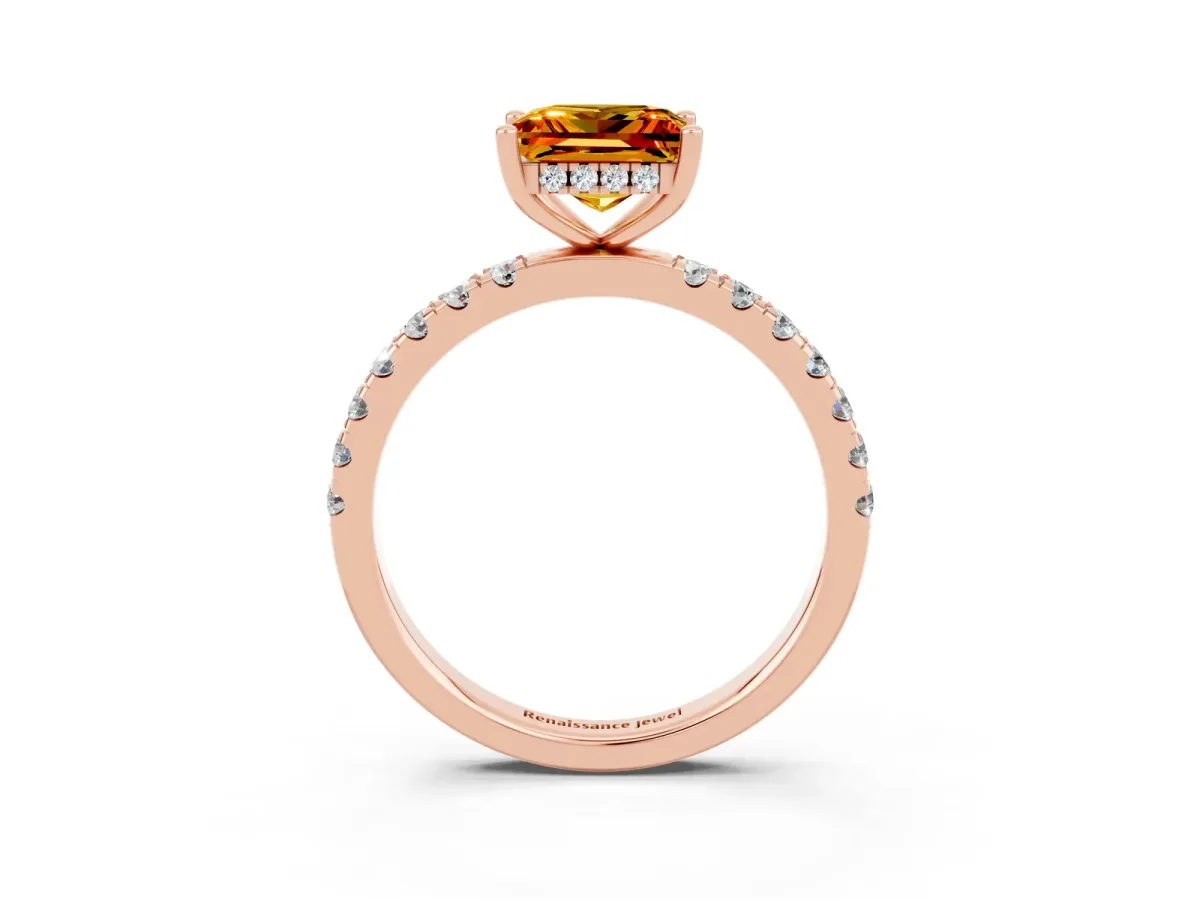 Princess Cut Citrine Pave Band Solitaire Ring with Round and Prong Setting Rose gold
