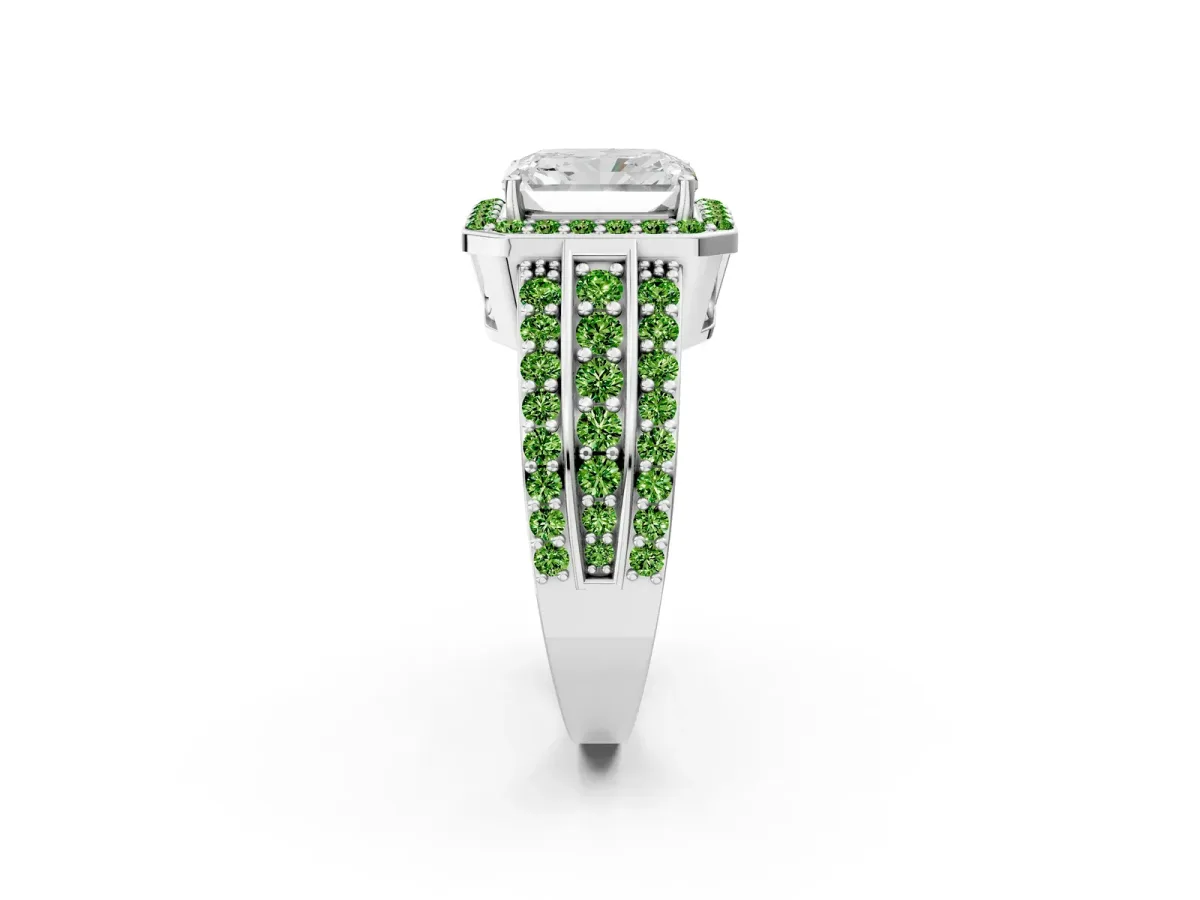Radiant Cut Halo Diamond Ring with Round Peridot Split Shank and Prong Setting Silver