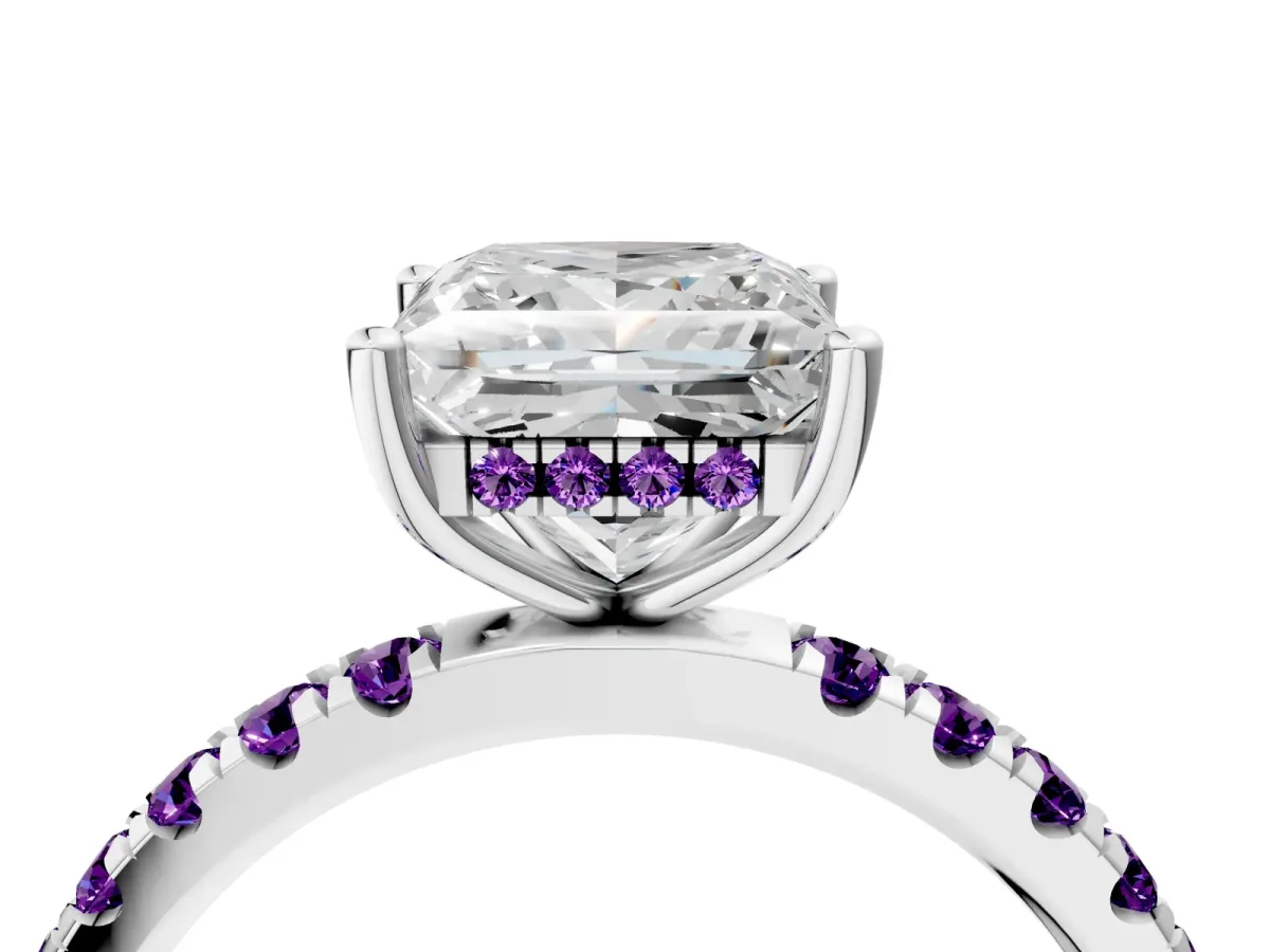 Princess Cut Diamond Pave Band Solitaire Ring with Round Amethyst and Prong Setting Silver