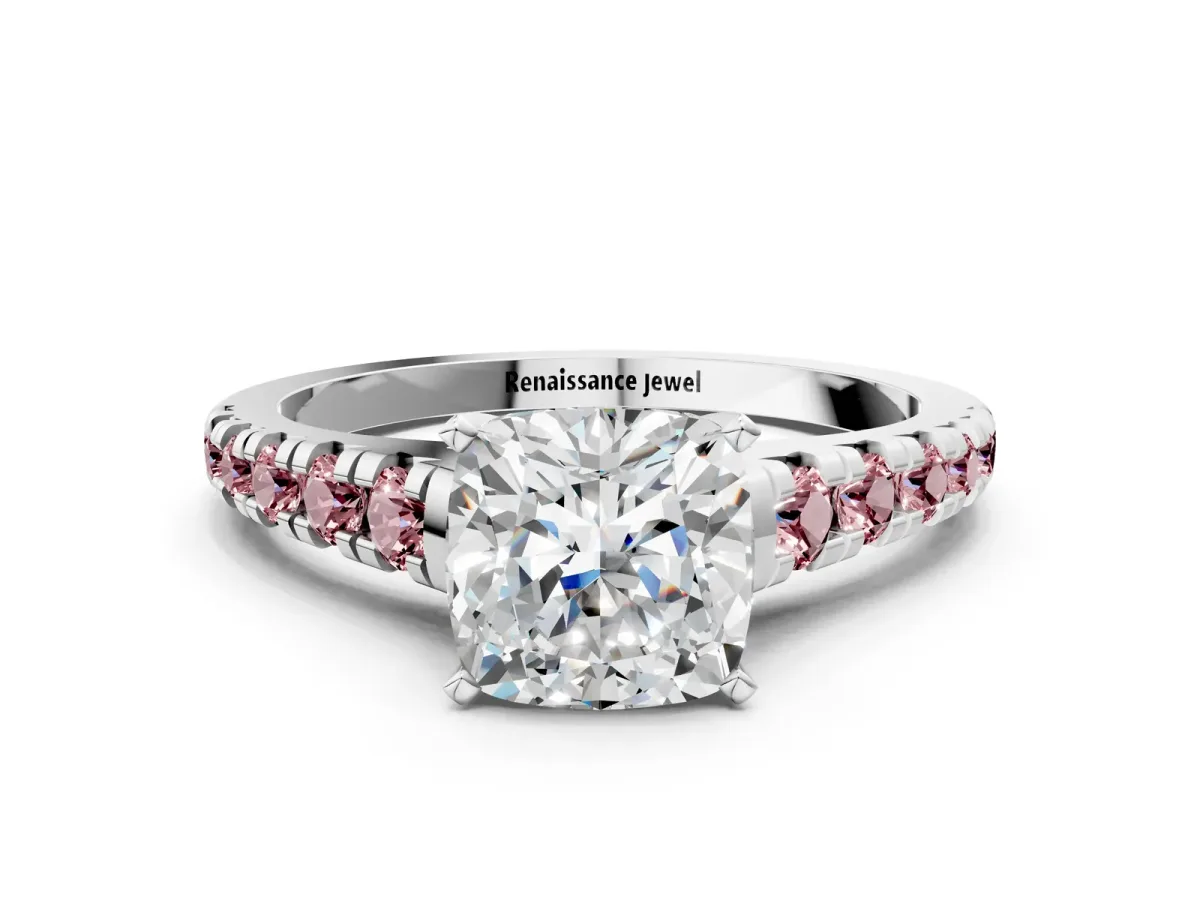 Cushion Cut Diamond Cathedral Solitaire Ring with Round Morganite Pavé Band Platinum