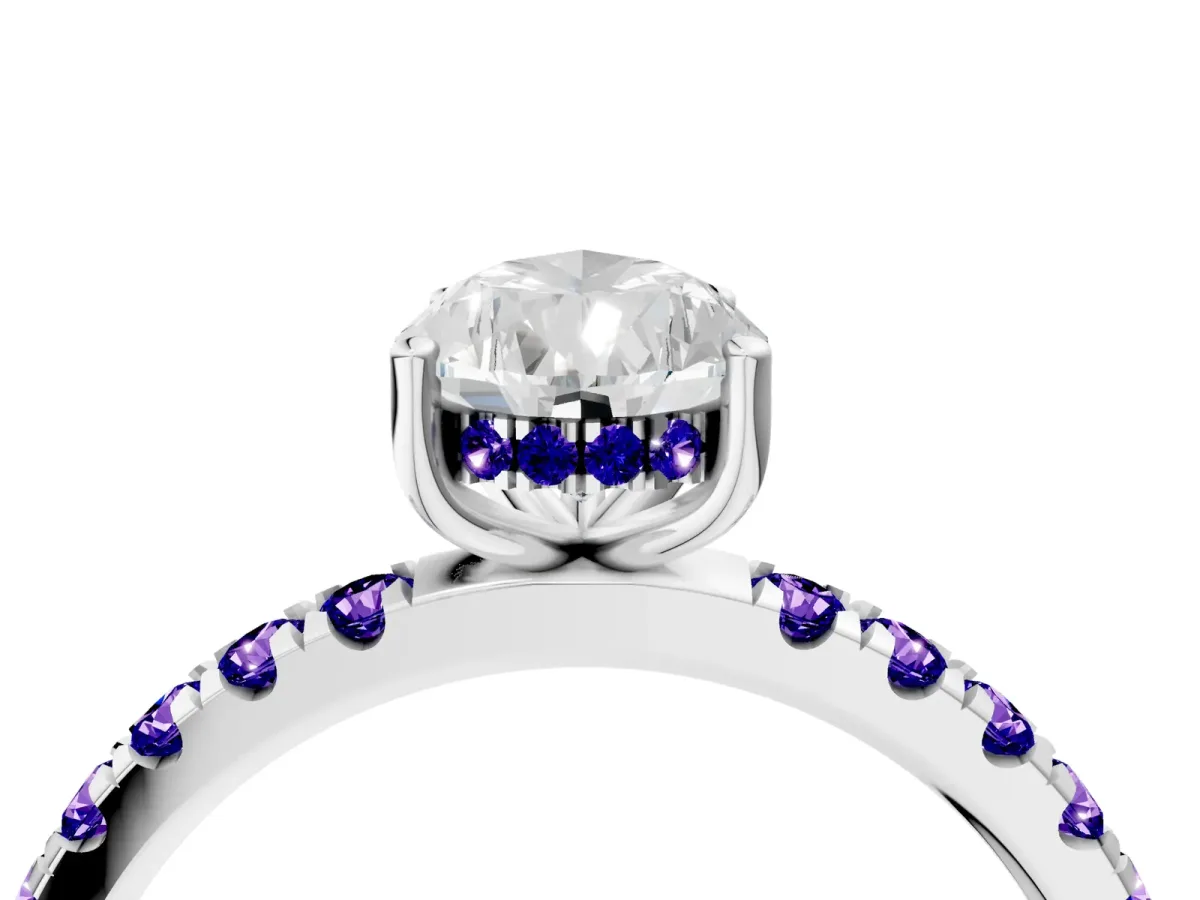 Pear Cut Diamond Pave Band Solitaire Ring with Round Tanzanite and Prong Setting White gold