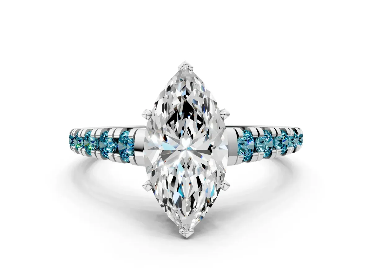 Marquise Cut Diamond Cathedral Solitaire Ring with Round Blue Topaz Pavé Band Silver