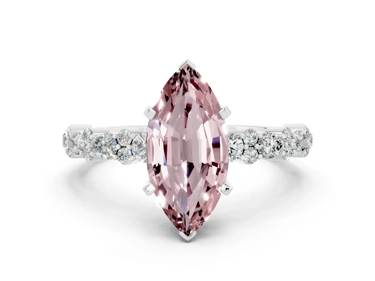 Marquise Cut Morganite Side Stone Solitaire Ring with Round and Four-Prong Setting Silver