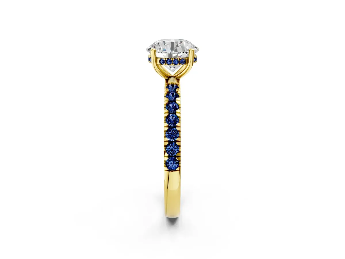 Round Cut Diamond Pave Band Solitaire Ring with Round Blue Sapphire and Prong Setting Yellow gold