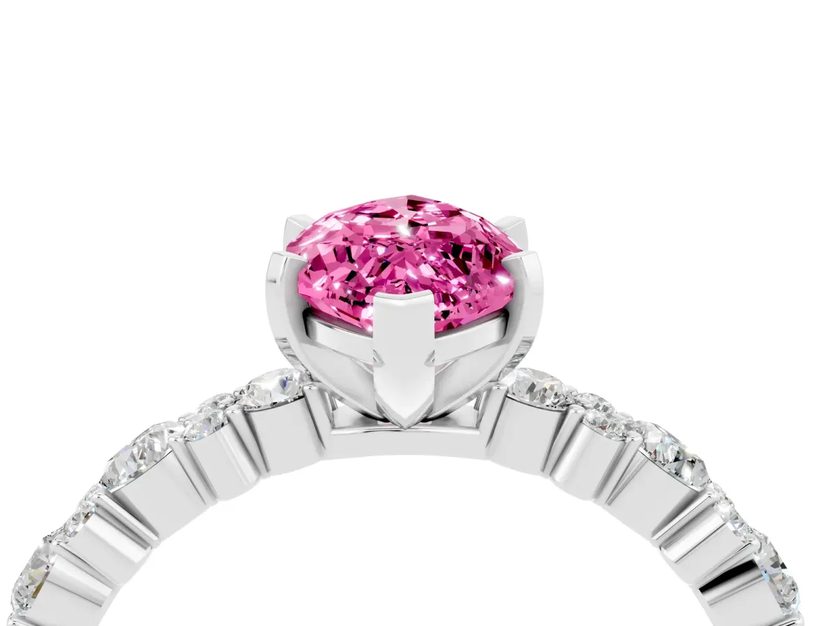 Marquise Cut Pink Sapphire Side Stone Solitaire Ring with Round and Four-Prong Setting White gold