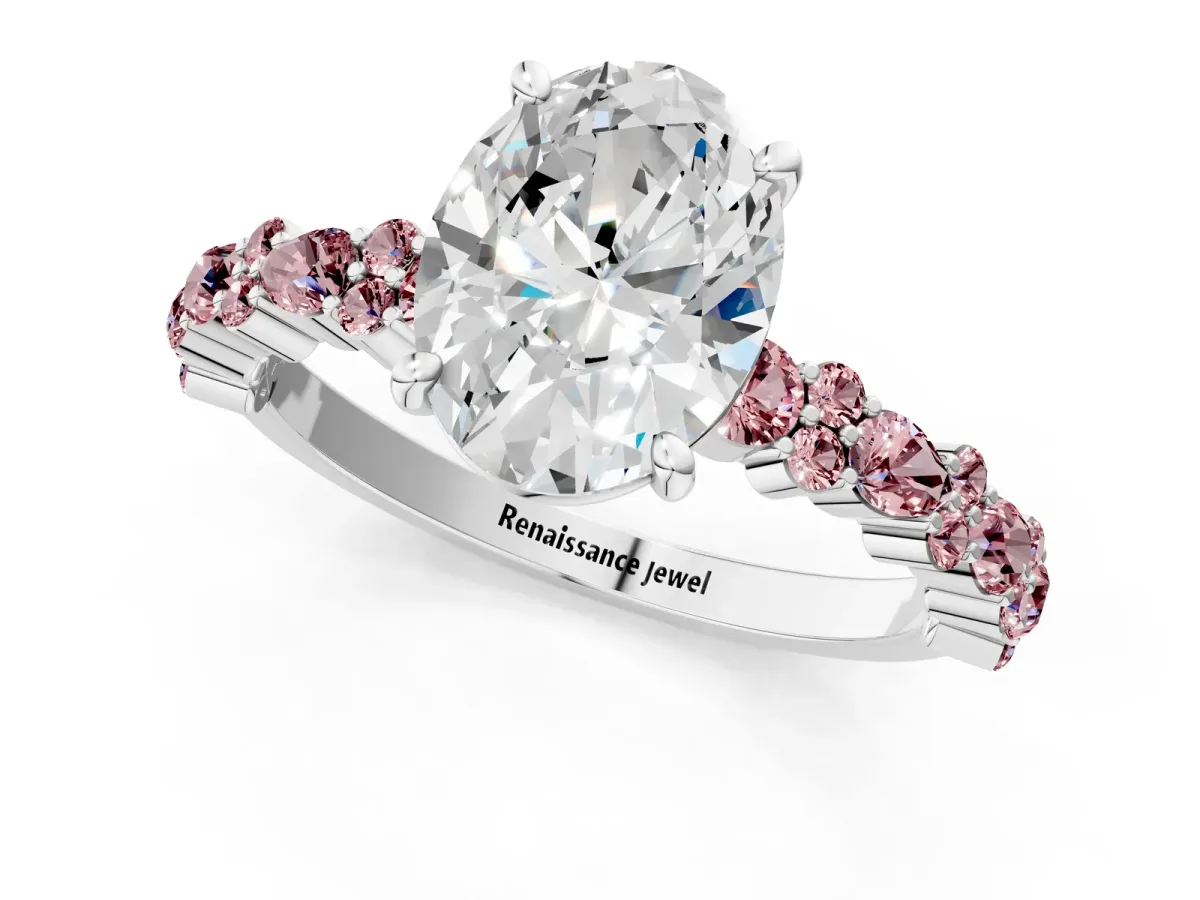 Oval Cut Diamond Side Stone Solitaire Ring with Round Morganite and Four-Prong Setting Platinum
