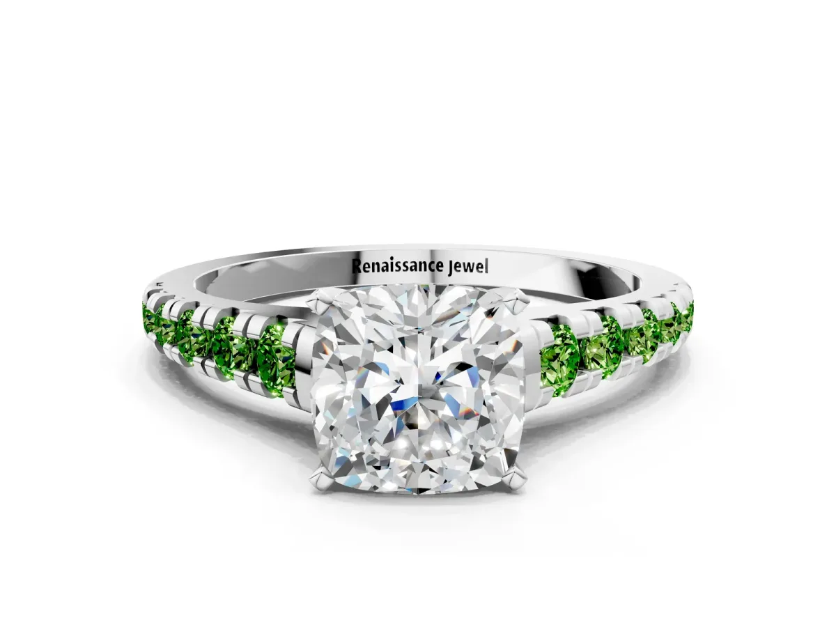 Cushion Cut Diamond Cathedral Solitaire Ring with Round Peridot Pavé Band Silver