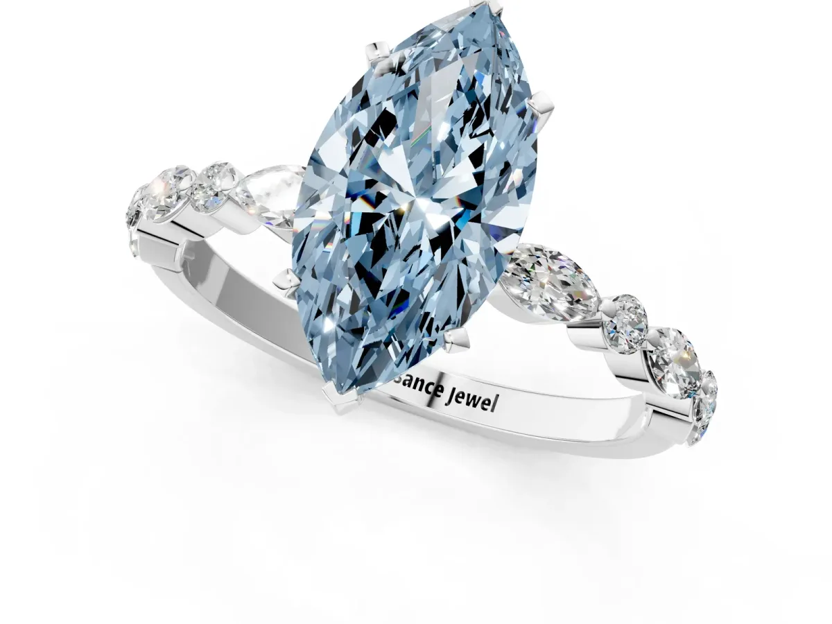 Fancy Blue Marquise Cut Diamond Ring with Marquise and Round Side Stones and Four-Prong Setting Silver
