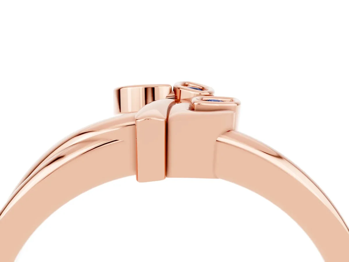 Three-Stone Round Blue Sapphire Leaf Bypass Ring with Bezel Setting Rose gold