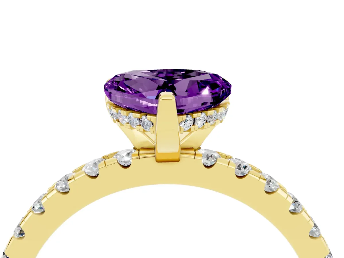 Heart Cut Amethyst Solitaire Ring with Round Pavé Band and Four-Prong Setting Yellow gold