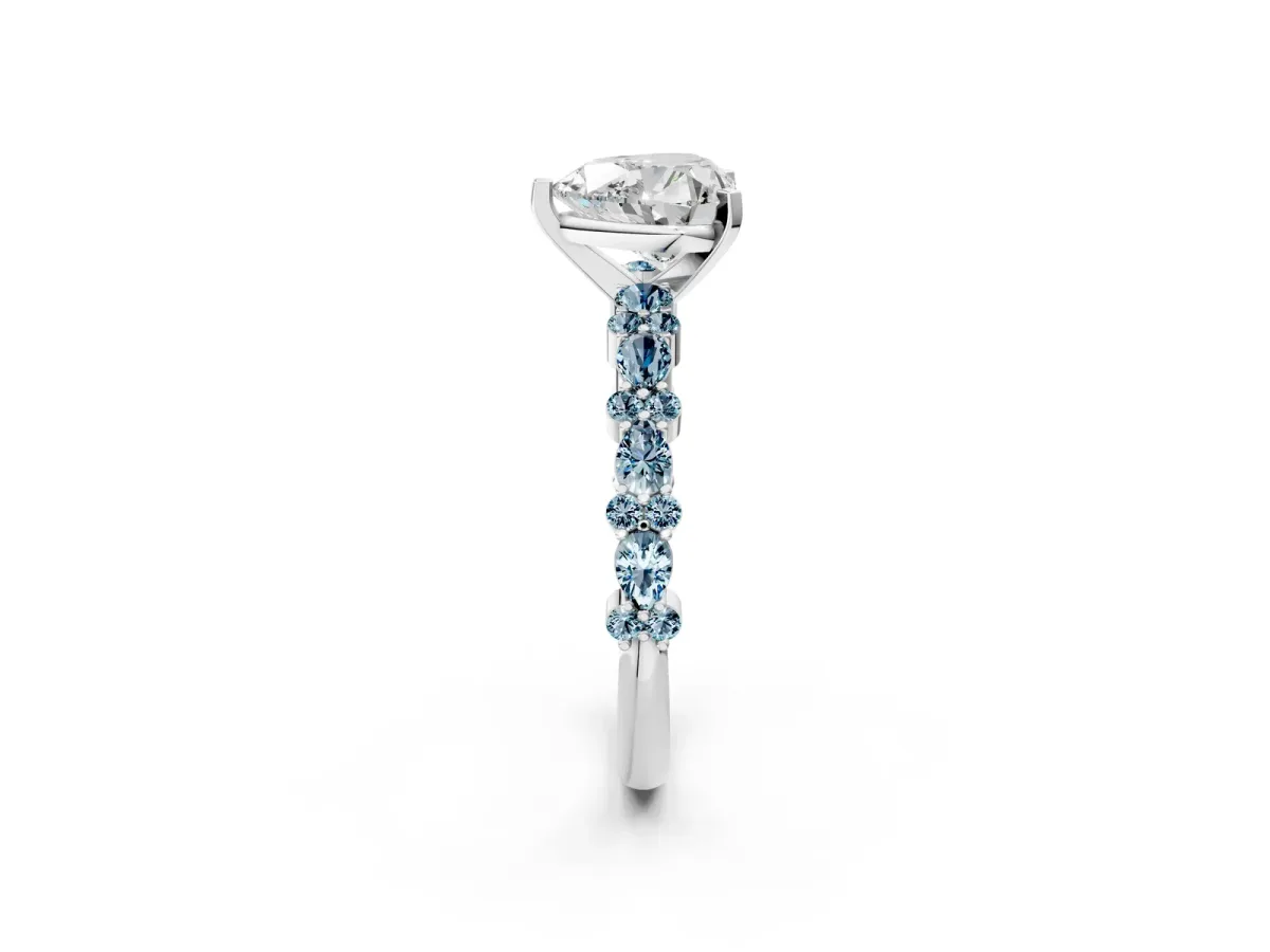 Heart Cut Diamond Side Stone Solitaire Ring with Round Aquamarine and Four-Prong Setting Platinum