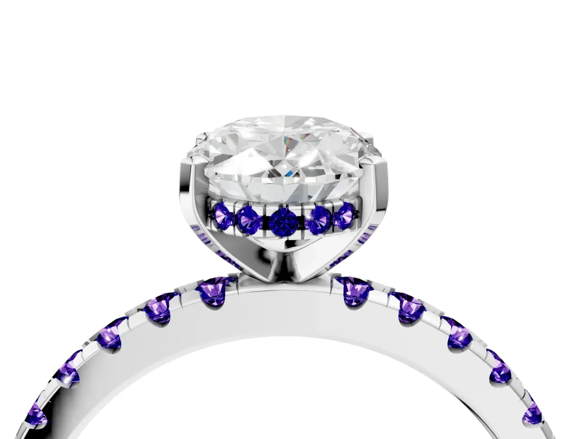 Oval Cut Diamond Solitaire Ring with Round Tanzanite Pavé Band and Four-Prong Setting Silver