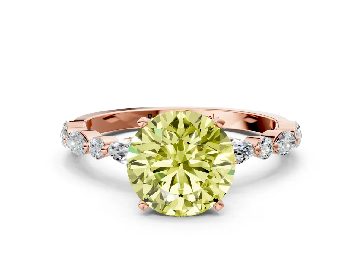 Fancy Yellow Round Cut Diamond Ring with Marquise and Round Side Stones and Four-Prong Setting Rose gold