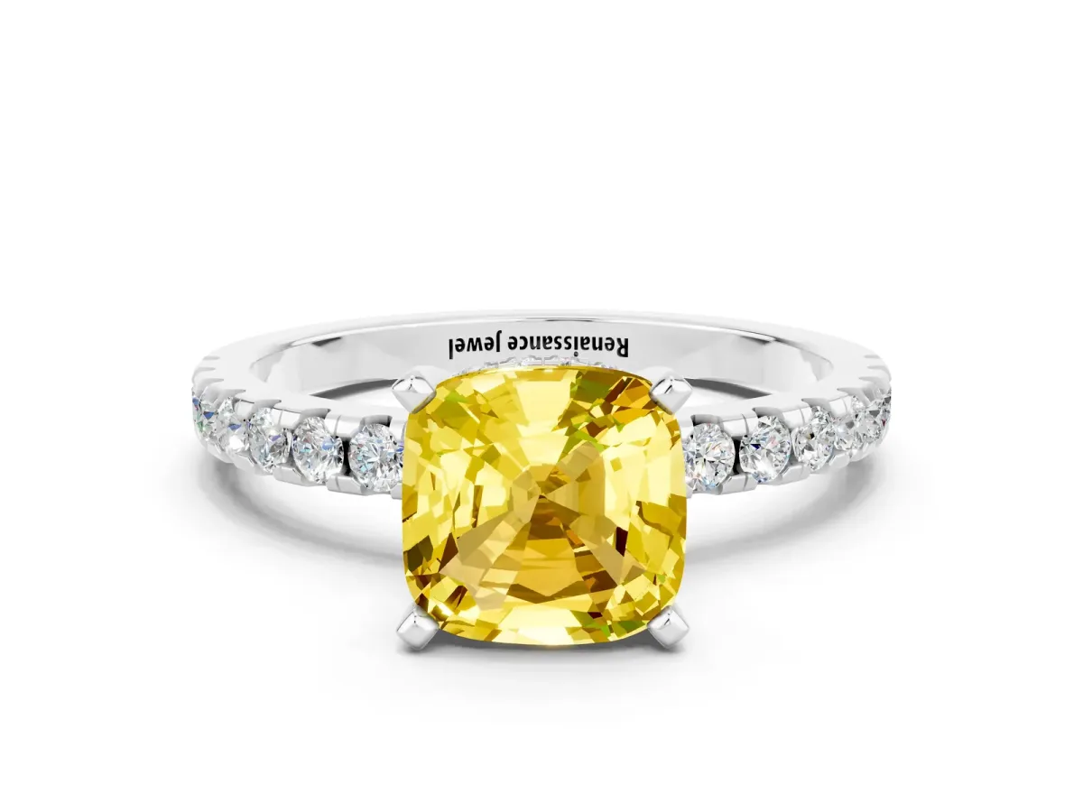 Cushion Cut Yellow Sapphire Solitaire Ring with Round Pavé Band and Four-Prong Setting Silver