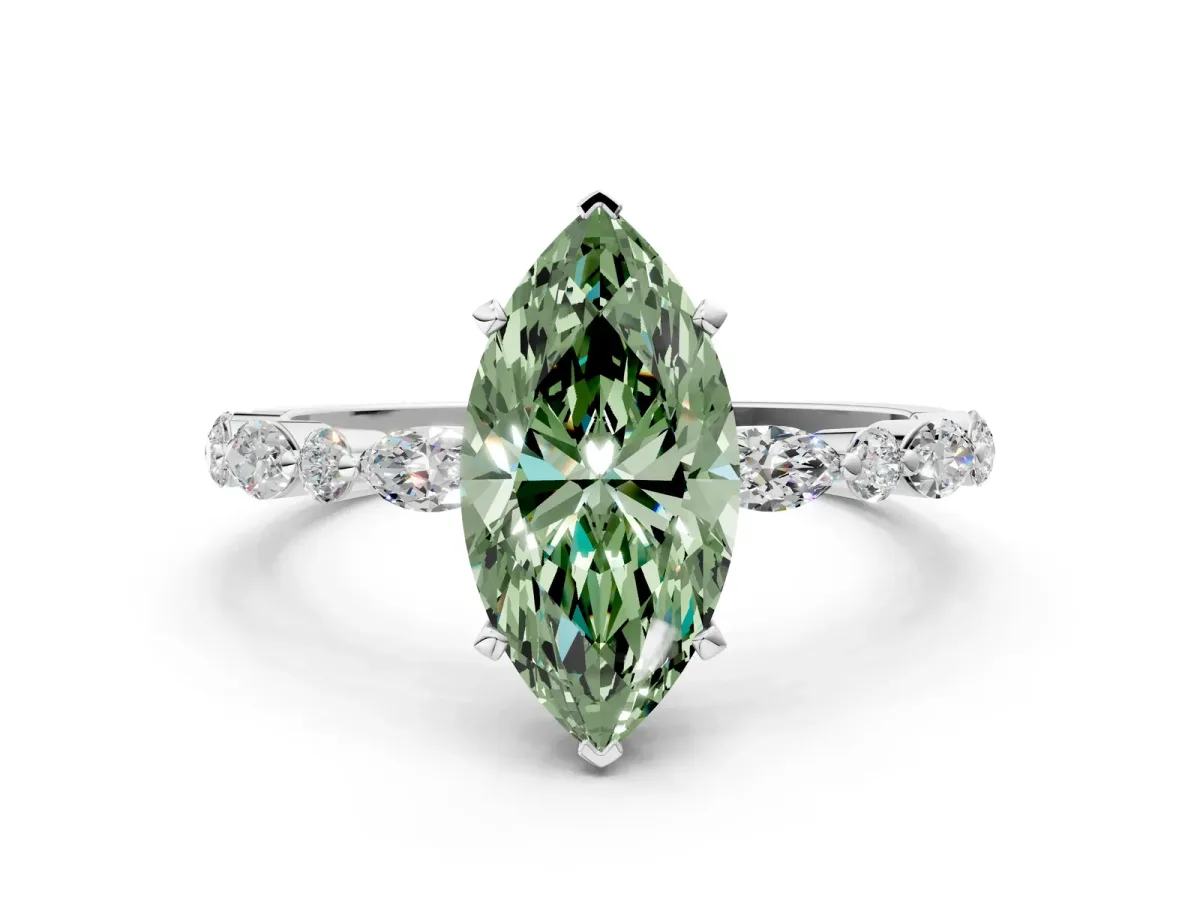 Fancy Green Marquise Cut Diamond Ring with Marquise and Round Side Stones and Four-Prong Setting Silver