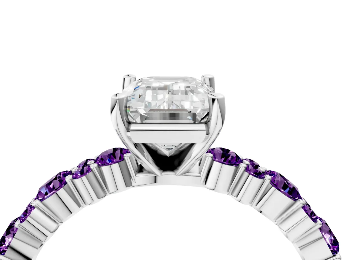 Emerald Cut Diamond Side Stone Solitaire Ring with Round Amethyst and Four-Prong Setting Platinum