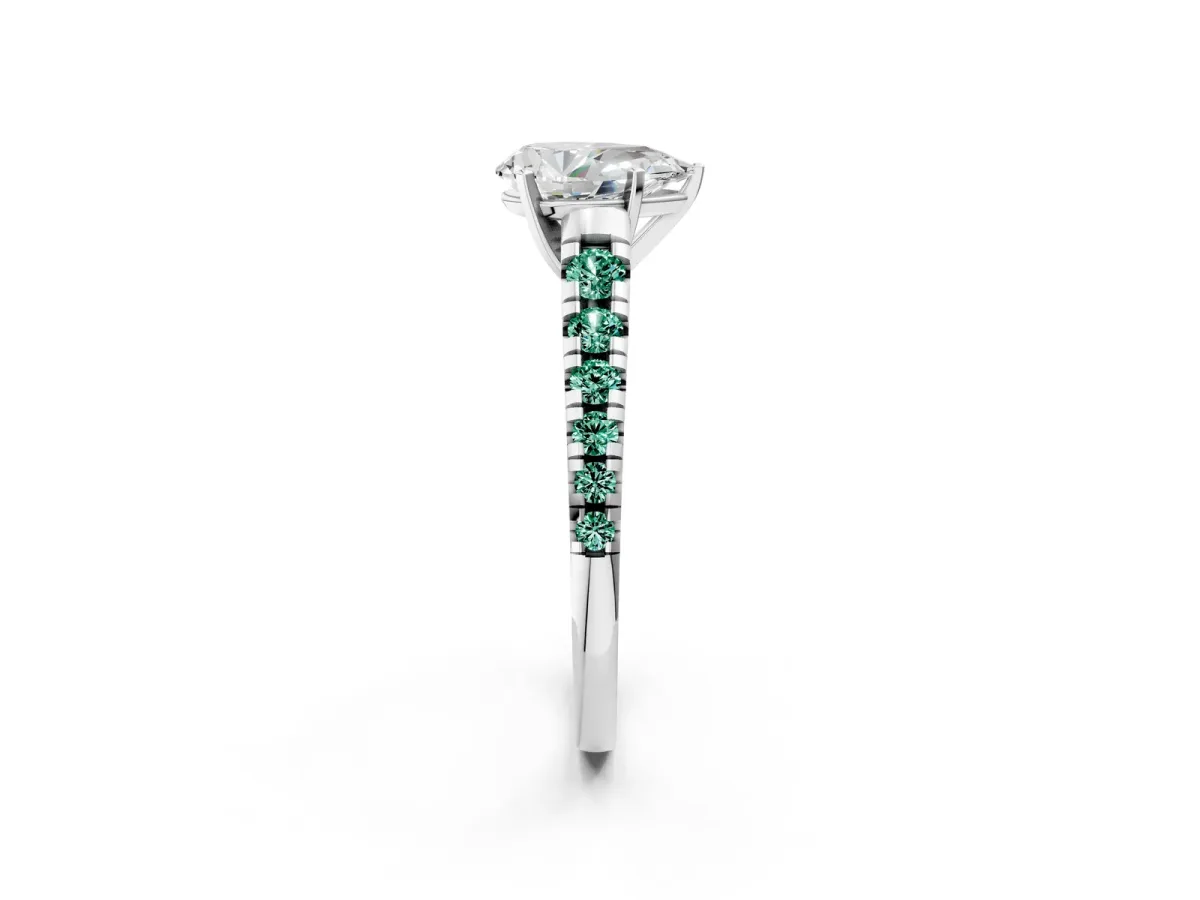 Pear Cut Diamond Cathedral Solitaire Ring with Round Green Sapphire Pavé Band Silver