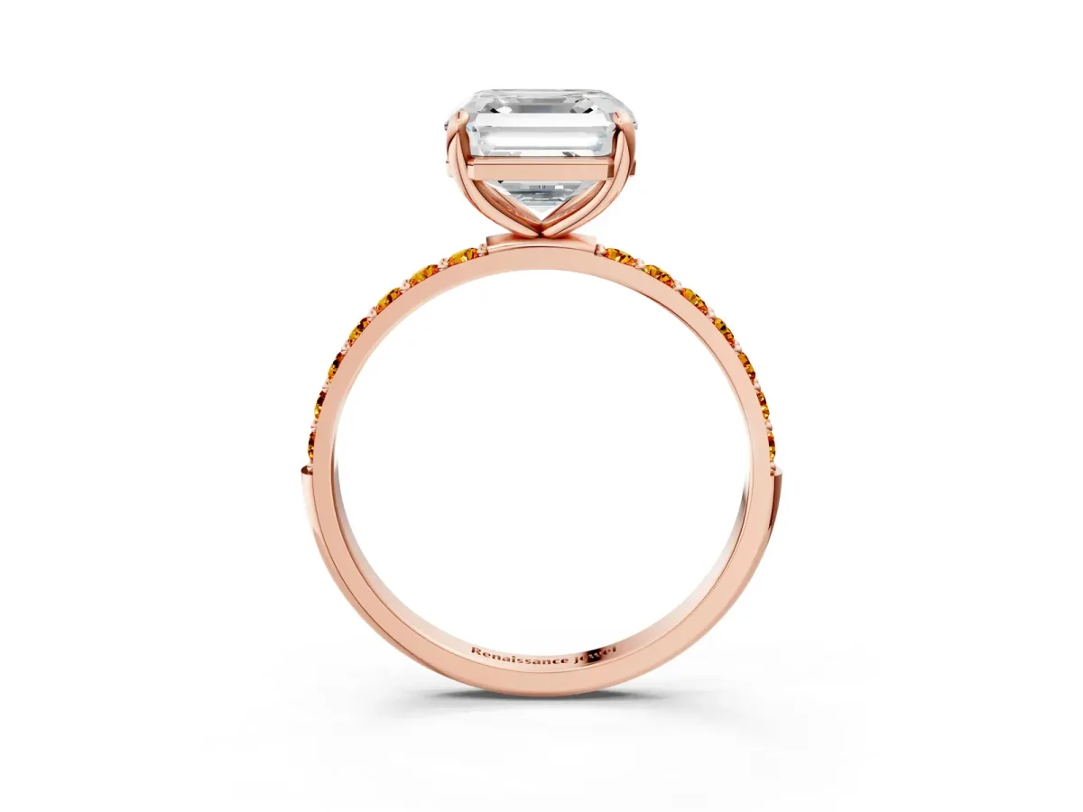 Asscher Cut Diamond Solitaire Ring with Round Citrine Pavé Band and Prong Setting Rose gold