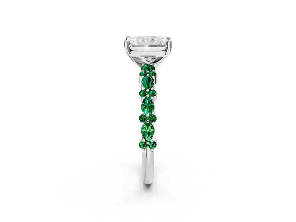 Radiant Cut Diamond Side Stone Solitaire Ring with Round Emerald and Four-Prong Setting Platinum