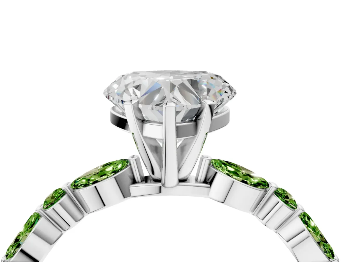 Heart Cut Diamond Ring with Marquise and Round Peridot Side Stones and Four-Prong Setting Silver
