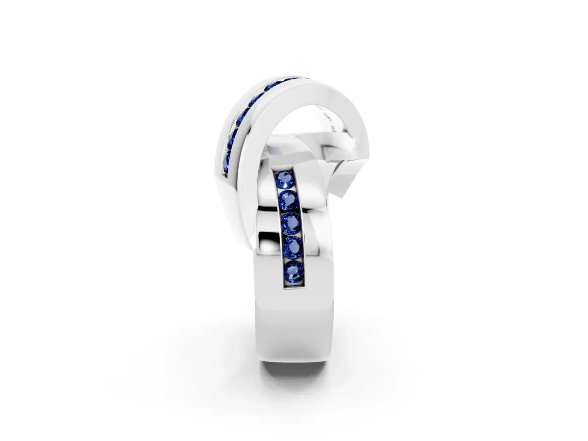 Pavé Round Blue Sapphire Crossover Band with Channel Setting White gold