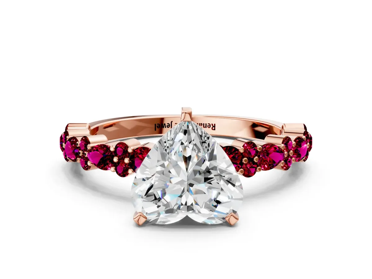 Heart Cut Diamond Side Stone Solitaire Ring with Round Garnet and Four-Prong Setting Rose gold