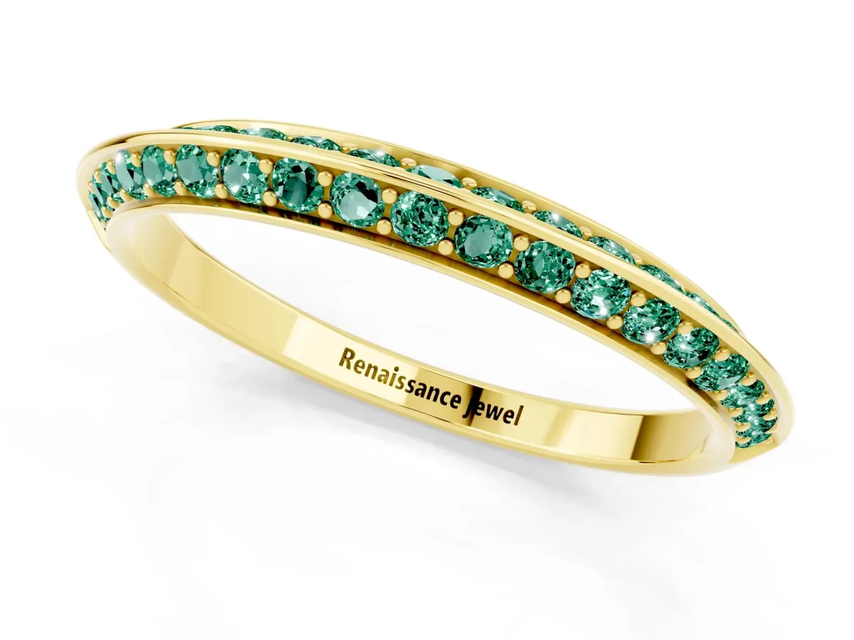 Double Row Pavé Round Green Sapphire Eternity Band with Channel Setting Yellow gold