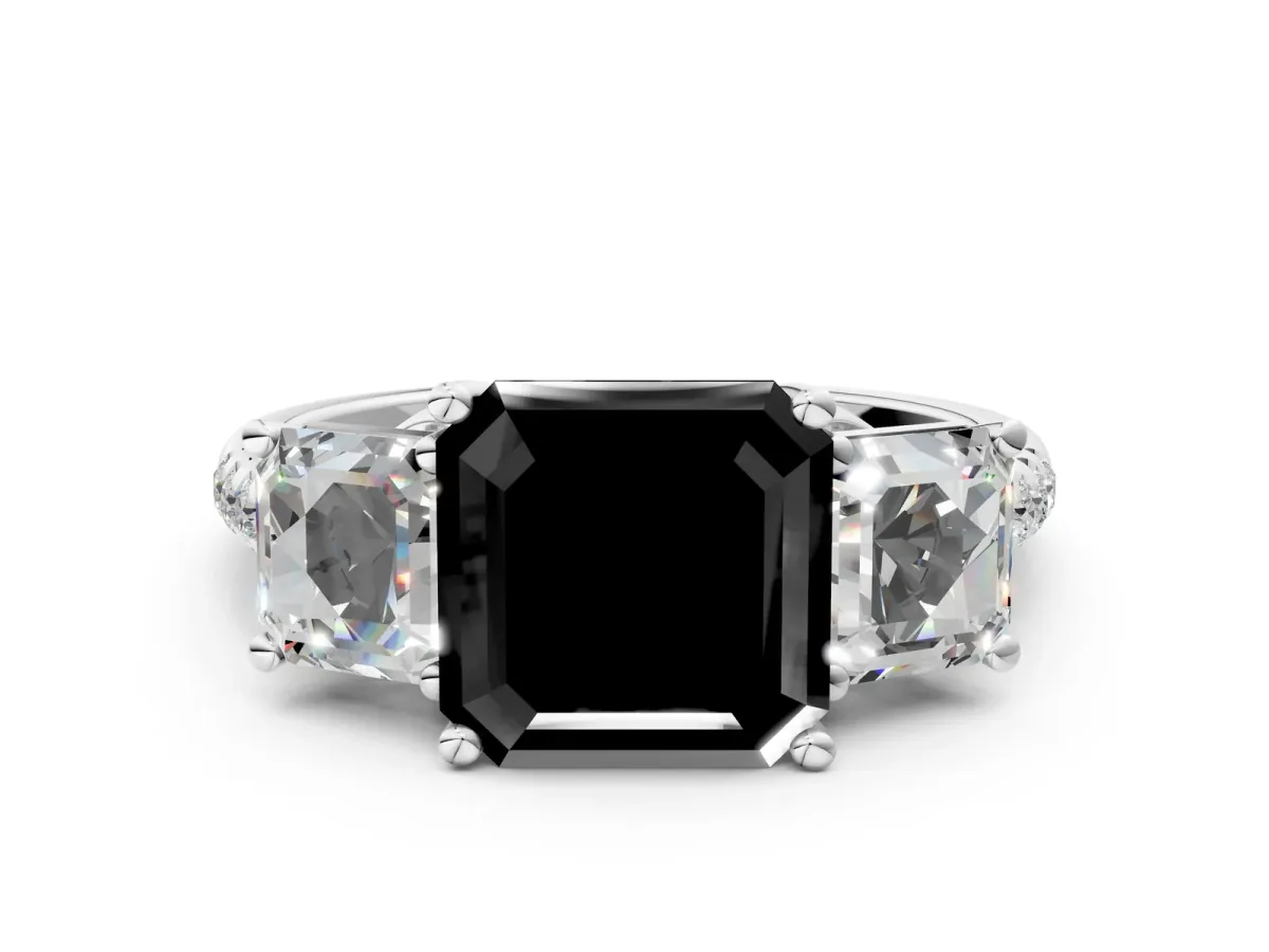 Fancy Black Three-Stone Asscher Cut Diamond Ring with Round Pavé Band and Prong Setting White gold