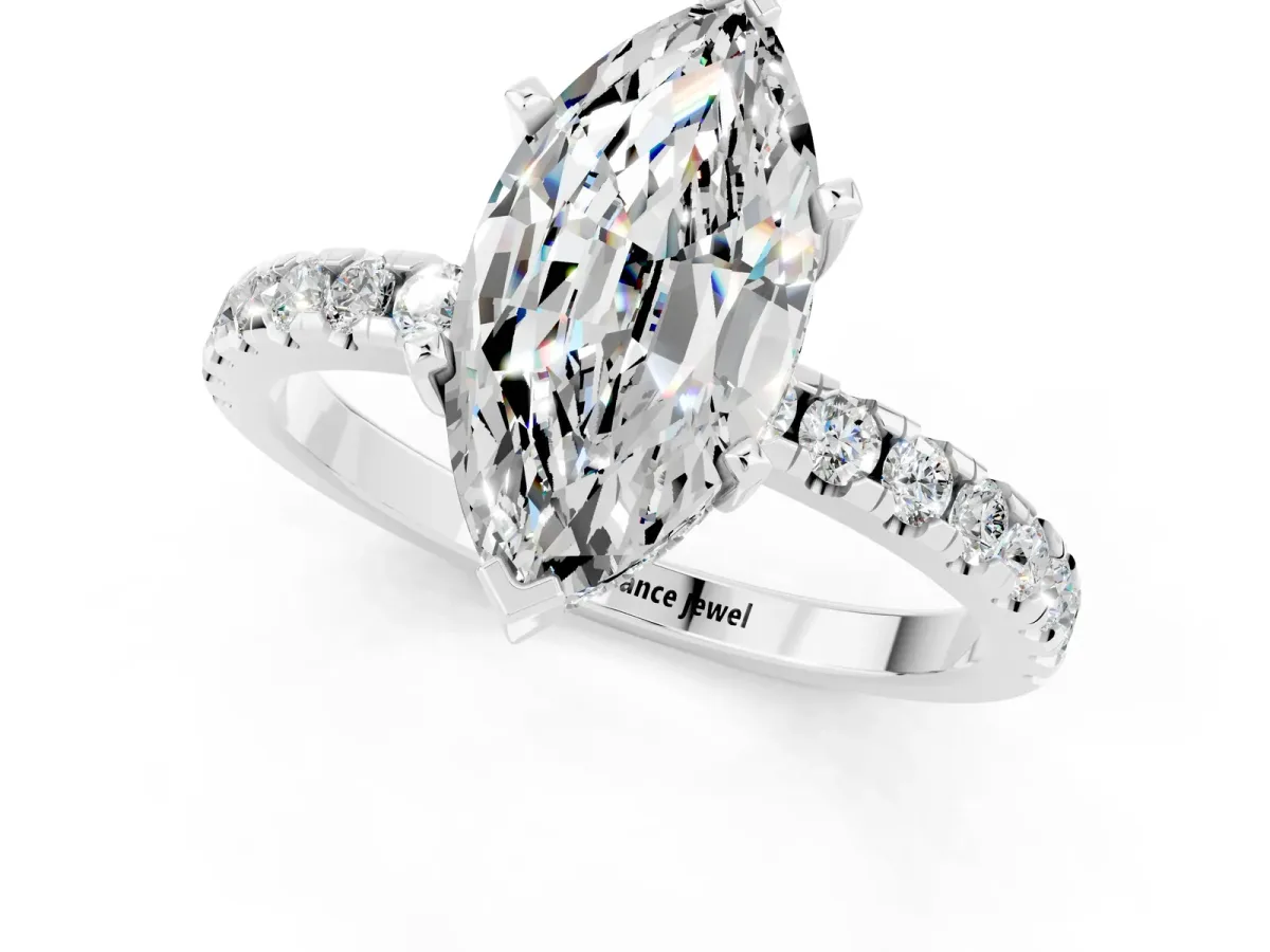 Marquise Cut Moissanite Solitaire Ring with Round Pavé Band and Four-Prong Setting Silver