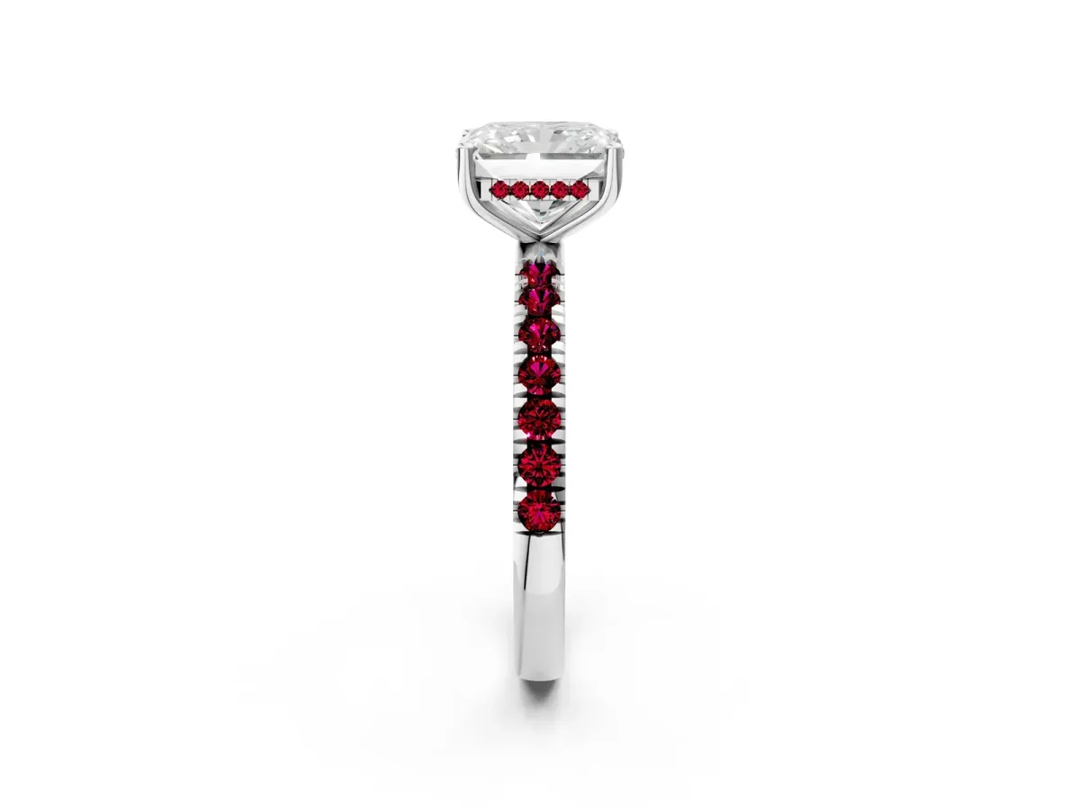 Radiant Cut Diamond Pave Band Solitaire Ring with Round Garnet and Prong Setting Silver