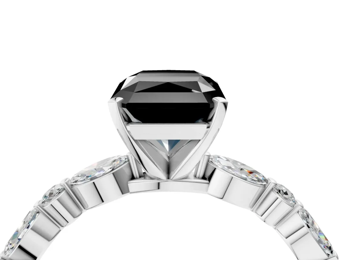 Fancy Black Radiant Cut Diamond Ring with Marquise and Round Side Stones and Four-Prong Setting Silver