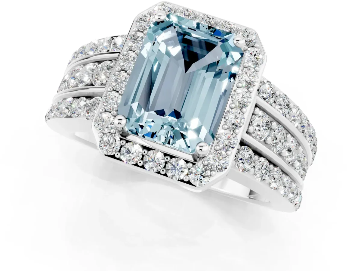 Emerald Cut Halo Aquamarine Ring with Round Split Shank and Prong Setting Platinum