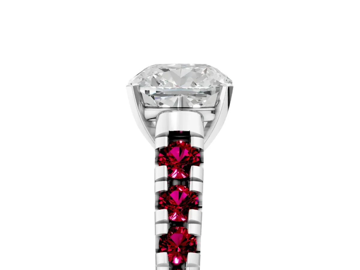 Cushion Cut Diamond Cathedral Solitaire Ring with Round Garnet Pavé Band Platinum