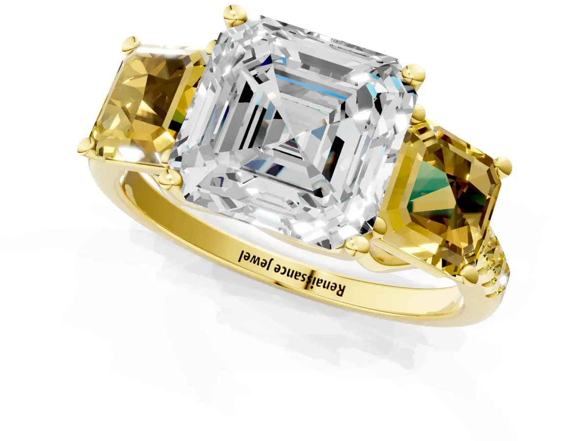 Three-Stone Asscher Cut Diamond Ring with Round Yellow Sapphire Pavé Band and Prong Setting Yellow gold