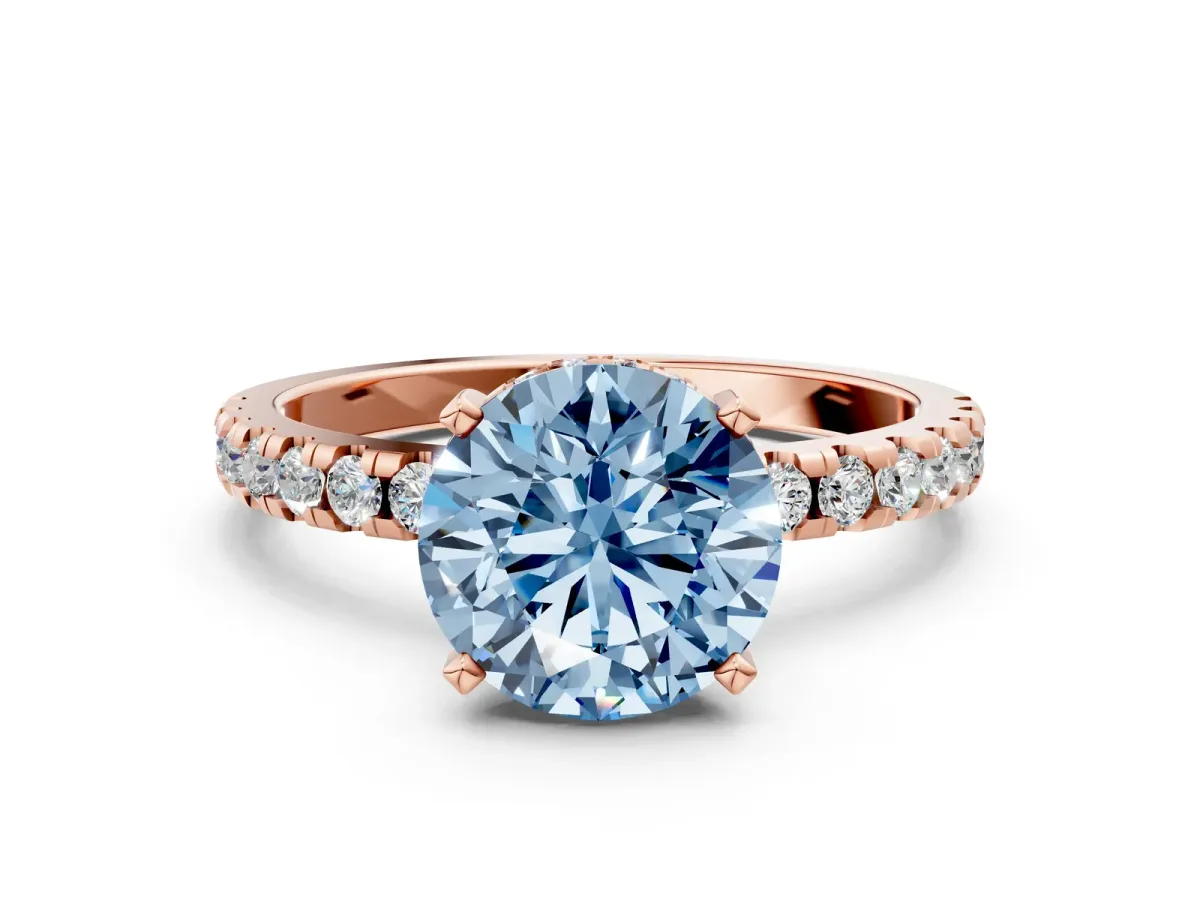 Fancy Blue Round Cut Diamond Solitaire Ring with Round Pavé Band and Four-Prong Setting Rose gold