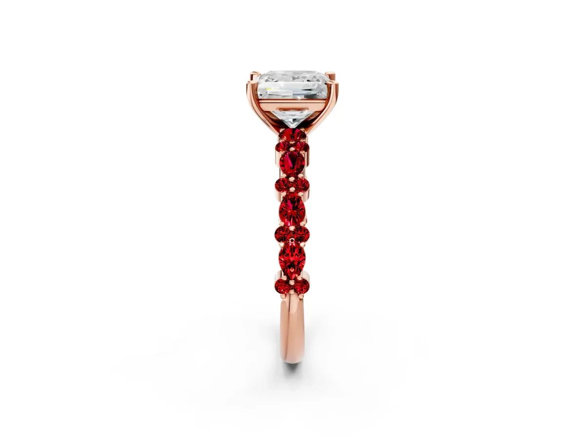 Princess Cut Diamond Side Stone Solitaire Ring with Round Ruby and Four-Prong Setting Rose gold