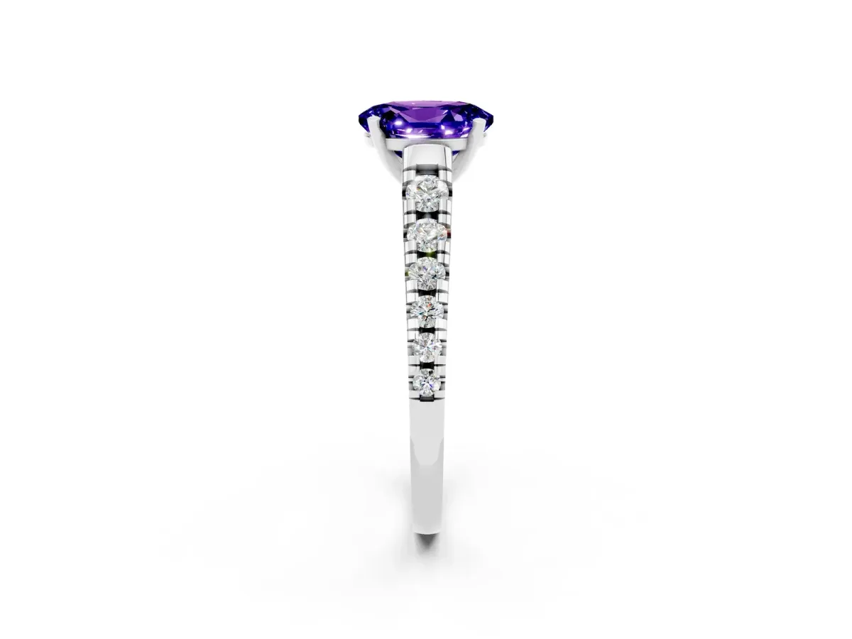 Oval Cut Tanzanite Cathedral Solitaire Ring with Round Pavé Band White gold