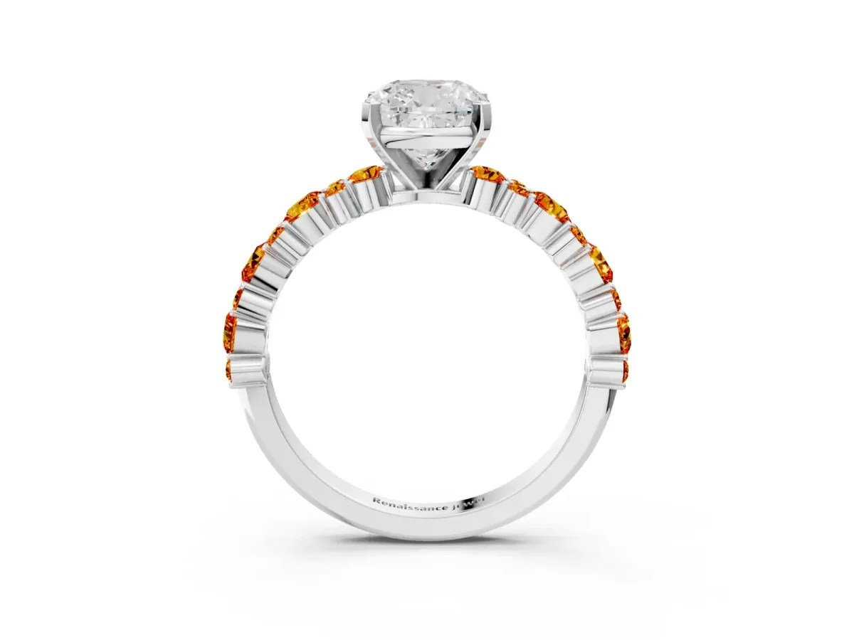 Cushion Cut Diamond Side Stone Solitaire Ring with Round Citrine and Four-Prong Setting Platinum