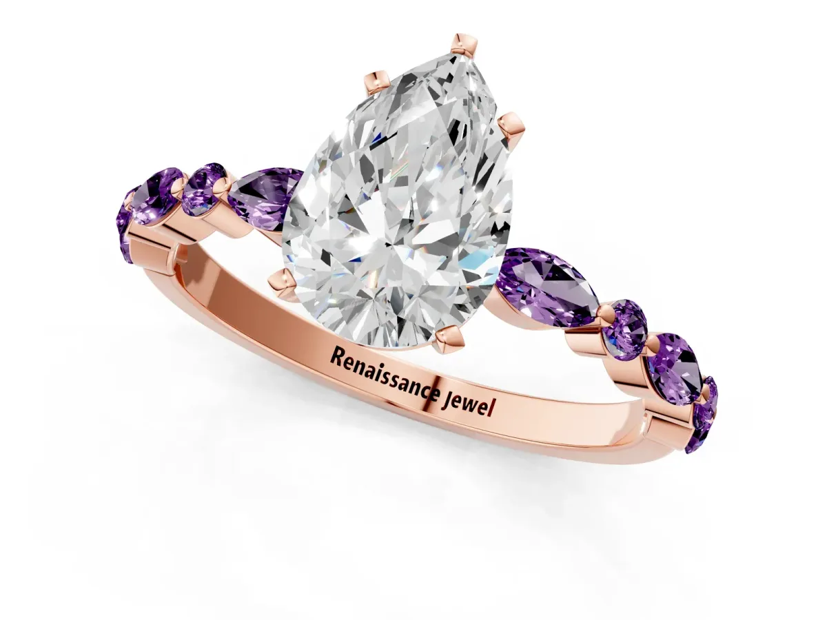 Pear Cut Diamond Ring with Marquise and Round Amethyst Side Stones and Four-Prong Setting Rose gold