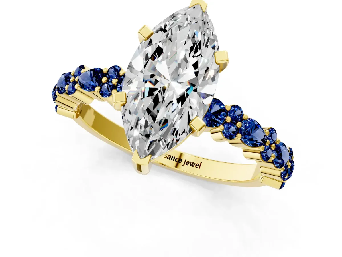 Marquise Cut Diamond Side Stone Solitaire Ring with Round Blue Sapphire and Four-Prong Setting Yellow gold
