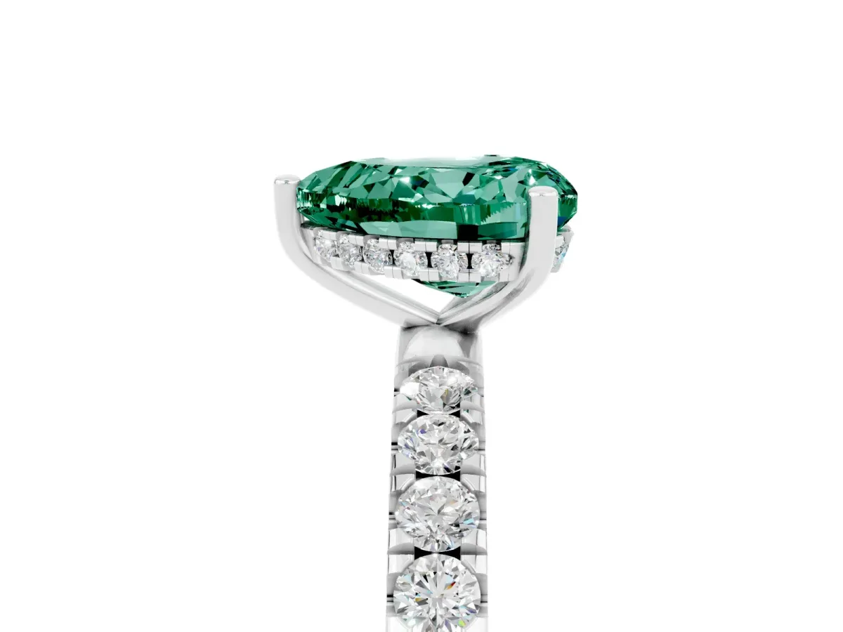 Heart Cut Green Sapphire Pave Band Solitaire Ring with Round and Prong Setting Silver
